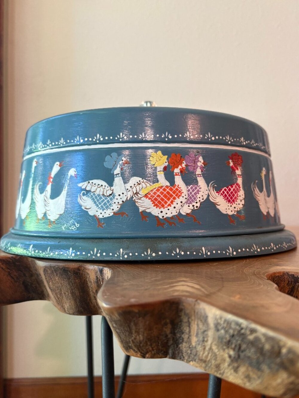 Vintage 80s Hand-Painted Teal Blue Wooden Cake Carrier Geese Country Kitchen